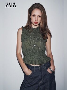 ZARA ZW Collection Cotton Beaded Top